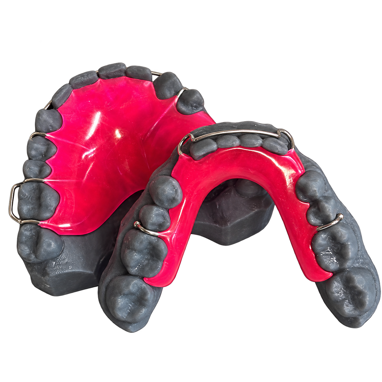 Hot pink Hawley retainers fabricated by Retainer Express